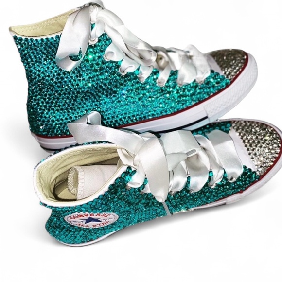 Teal Crystal Diamond High Top Converse Sizes 5-14 New In Box With Ribbon Lacs - Picture 4 of 14